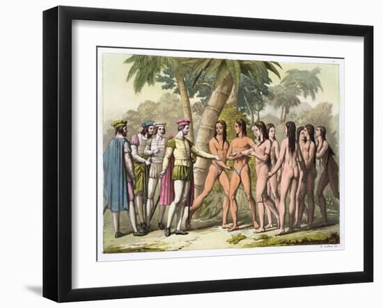 Christopher Coumbus with Hernando Cortes receiving a native American girl as a gift, (c1820-1839)-Gallo Gallina-Framed Giclee Print