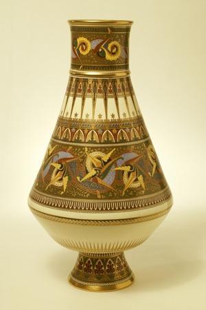 A Minton Porcelain Baluster Vase Painted in Green, Yellow, Blue, Terracotta and Black Enamels