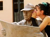 Girl in Quincinera (15th) Birthday Dress Whispering to Statue, Plaza Del Carmen, Camaguey, Cuba-Christopher P Baker-Stretched Canvas