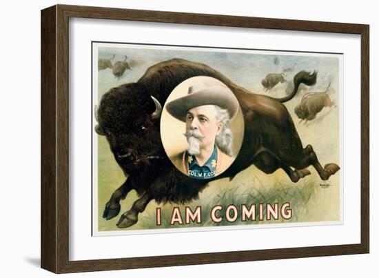 Chromolithographic print of a herd of buffalo running with a portrait of Buffalo Bill Cody.-Vernon Lewis Gallery-Framed Art Print