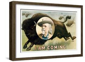 Chromolithographic print of a herd of buffalo running with a portrait of Buffalo Bill Cody.-Vernon Lewis Gallery-Framed Art Print