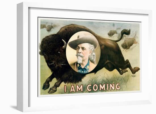 Chromolithographic print of a herd of buffalo running with a portrait of Buffalo Bill Cody.-Vernon Lewis Gallery-Framed Art Print