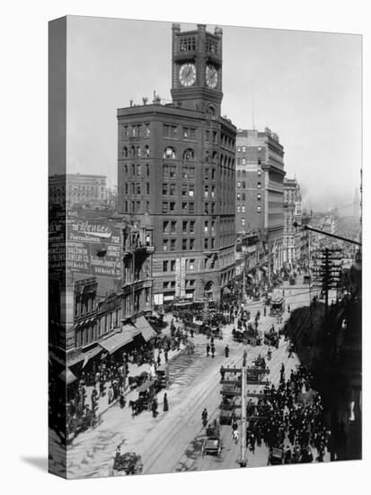 Chronicle Building Clock Tower Dominates Market Street-null-Stretched Canvas