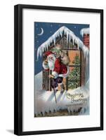 Chrsitmas Greetings from Colorado - Santa Climbing Out Window-Lantern Press-Framed Art Print