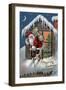 Chrsitmas Greetings from Colorado - Santa Climbing Out Window-Lantern Press-Framed Art Print