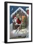Chrsitmas Greetings from Colorado - Santa Climbing Out Window-Lantern Press-Framed Art Print