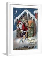 Chrsitmas Greetings from Colorado - Santa Climbing Out Window-Lantern Press-Framed Art Print