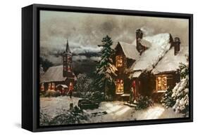 Church and Cottage with Lighted Windows-English School-Framed Stretched Canvas