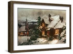 Church and Cottage with Lighted Windows-English School-Framed Giclee Print