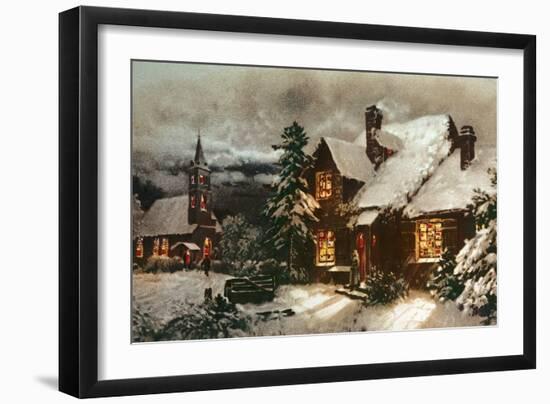 Church and Cottage with Lighted Windows-English School-Framed Giclee Print