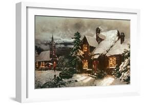 Church and Cottage with Lighted Windows-English School-Framed Giclee Print