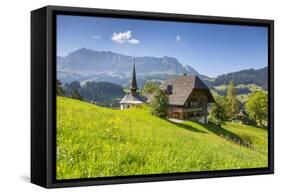 Church and Farmhouse in a Village in the Emmental Valley, Berner Oberland, Switzerland-Jon Arnold-Framed Stretched Canvas