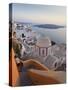 Church and Fira Town at Sunset, Fira, Santorini (Thira), Cyclades, Greece-Peter Adams-Stretched Canvas