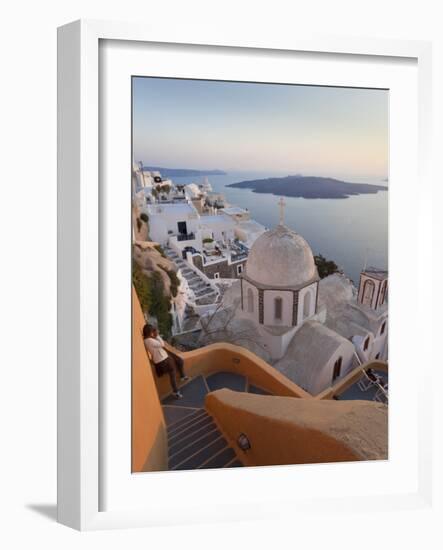 Church and Fira Town at Sunset, Fira, Santorini (Thira), Cyclades, Greece-Peter Adams-Framed Photographic Print