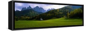 Church and Mountains in Background, Santa Maddalena, Val De Funes, Le Odle, Dolomites, Italy-null-Framed Stretched Canvas