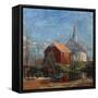 Church and red house, Rygge Church-August Eiebakke-Framed Stretched Canvas