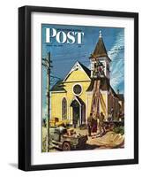 "Church Belfry Repair," Saturday Evening Post Cover, April 20, 1946-E. Melbourne Brindle-Framed Giclee Print