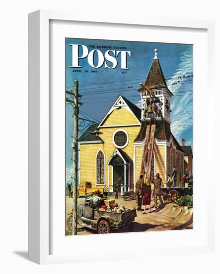 "Church Belfry Repair," Saturday Evening Post Cover, April 20, 1946-E. Melbourne Brindle-Framed Giclee Print