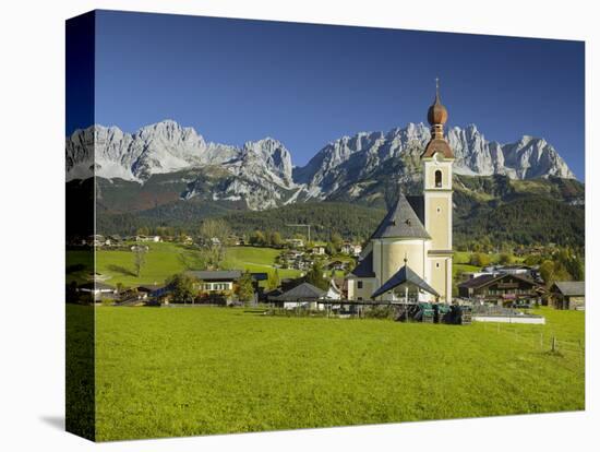 Church in Going, Wilder Kaiser (Wild Kaisr Mountain), Tyrol, Austria-Rainer Mirau-Stretched Canvas