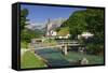 Church in Ramsau, Ramsauer Ache, Rider Stone Mountains, Berchtesgadener Land District, Bavaria-Rainer Mirau-Framed Stretched Canvas