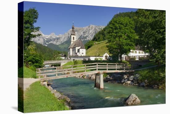 Church in Ramsau, Ramsauer Ache, Rider Stone Mountains, Berchtesgadener Land District, Bavaria-Rainer Mirau-Stretched Canvas