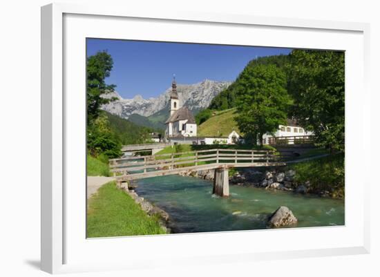 Church in Ramsau, Ramsauer Ache, Rider Stone Mountains, Berchtesgadener Land District, Bavaria-Rainer Mirau-Framed Photographic Print