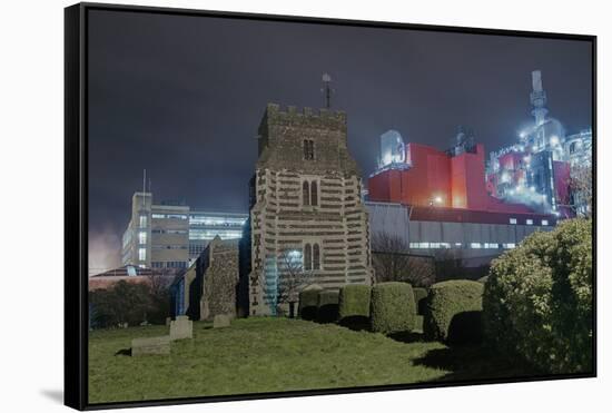 Church next to Factory at Night-Robert Brook-Framed Stretched Canvas