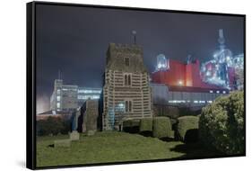 Church next to Factory at Night-Robert Brook-Framed Stretched Canvas