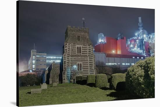 Church next to Factory at Night-Robert Brook-Stretched Canvas