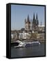 Church of Great Saint Martin and Cathedral, Seen across the River Rhine, Cologne, North Rhine Westp-Hans Peter Merten-Framed Stretched Canvas