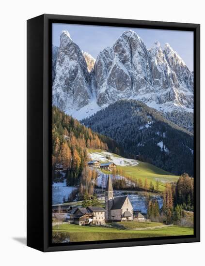 Church Sankt Magdalena, Villnoess Valley. Geisler Mountains. Italy-Martin Zwick-Framed Stretched Canvas