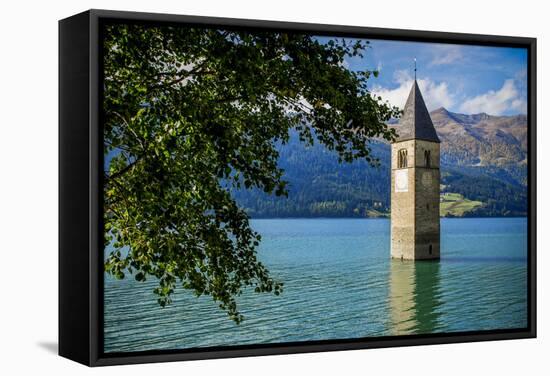 Church Steeple, 'Reschensee' (Lake Reschen), Comune of Graun, South Tyrol-Frina-Framed Stretched Canvas