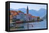 Church tower and houses on the Adriatic coast, Perast, Montenegro-Keren Su-Framed Stretched Canvas