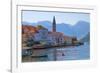 Church tower and houses on the Adriatic coast, Perast, Montenegro-Keren Su-Framed Photographic Print