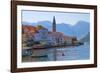 Church tower and houses on the Adriatic coast, Perast, Montenegro-Keren Su-Framed Photographic Print