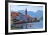 Church tower and houses on the Adriatic coast, Perast, Montenegro-Keren Su-Framed Photographic Print