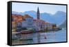 Church tower and houses on the Adriatic coast, Perast, Montenegro-Keren Su-Framed Stretched Canvas