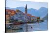 Church tower and houses on the Adriatic coast, Perast, Montenegro-Keren Su-Stretched Canvas