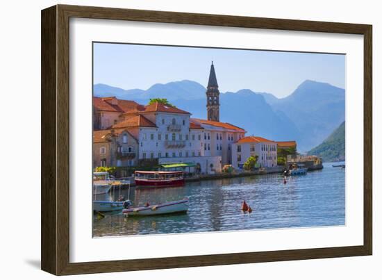 Church tower and houses on the Adriatic coast, Perast, Montenegro-Keren Su-Framed Photographic Print