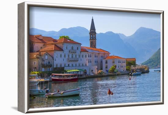 Church tower and houses on the Adriatic coast, Perast, Montenegro-Keren Su-Framed Photographic Print