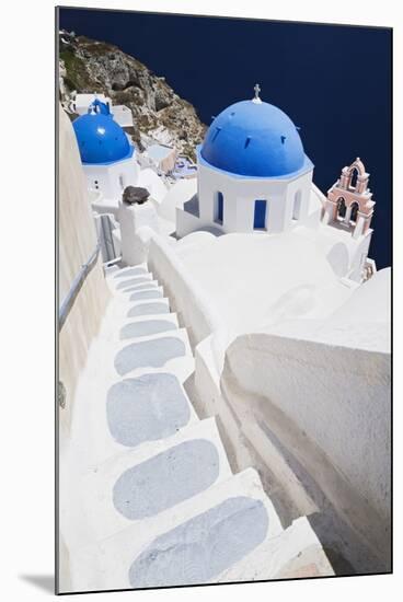 Church with Blue Dome with View of the Aegean Sea, Oia, Santorini, Cyclades, Greek Islands-Markus Lange-Mounted Photographic Print