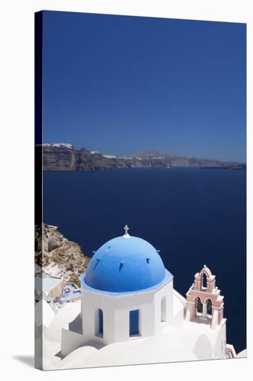 Church with Blue Dome with View of the Aegean Sea, Oia, Santorini, Cyclades, Greek Islands-Markus Lange-Stretched Canvas