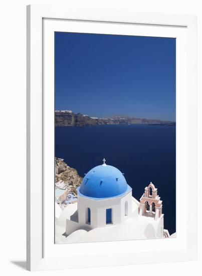 Church with Blue Dome with View of the Aegean Sea, Oia, Santorini, Cyclades, Greek Islands-Markus Lange-Framed Photographic Print