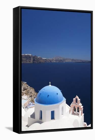 Church with Blue Dome with View of the Aegean Sea, Oia, Santorini, Cyclades, Greek Islands-Markus Lange-Framed Stretched Canvas