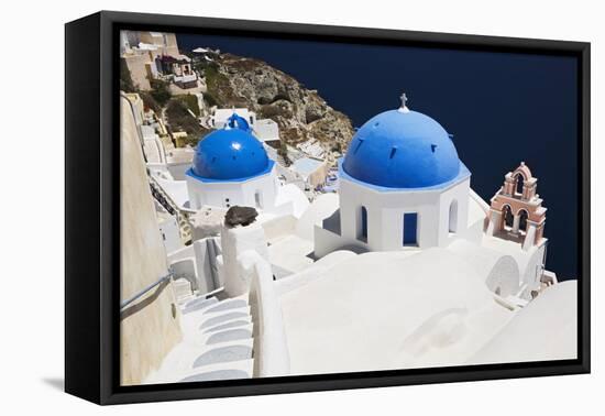 Church with Blue Dome with View of the Aegean Sea, Oia, Santorini, Cyclades, Greek Islands-Markus Lange-Framed Stretched Canvas