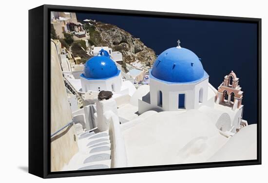 Church with Blue Dome with View of the Aegean Sea, Oia, Santorini, Cyclades, Greek Islands-Markus Lange-Framed Stretched Canvas