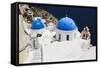 Church with Blue Dome with View of the Aegean Sea, Oia, Santorini, Cyclades, Greek Islands-Markus Lange-Framed Stretched Canvas