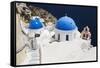 Church with Blue Dome with View of the Aegean Sea, Oia, Santorini, Cyclades, Greek Islands-Markus Lange-Framed Stretched Canvas