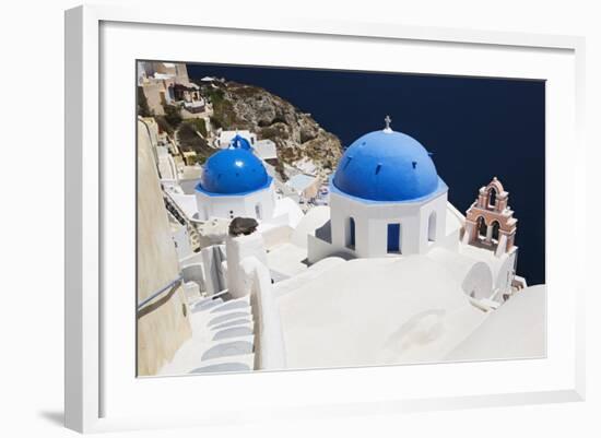 Church with Blue Dome with View of the Aegean Sea, Oia, Santorini, Cyclades, Greek Islands-Markus Lange-Framed Photographic Print