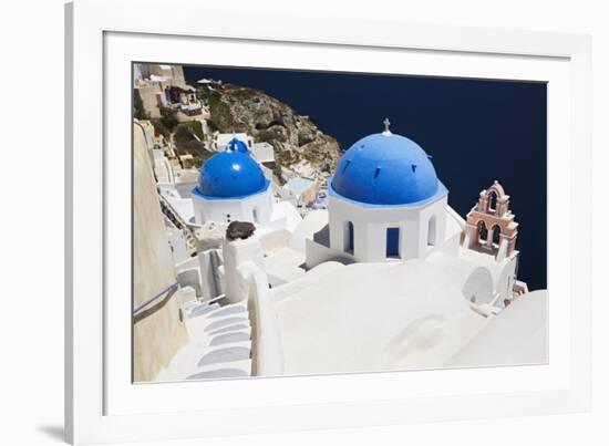 Church with Blue Dome with View of the Aegean Sea, Oia, Santorini, Cyclades, Greek Islands-Markus Lange-Framed Photographic Print